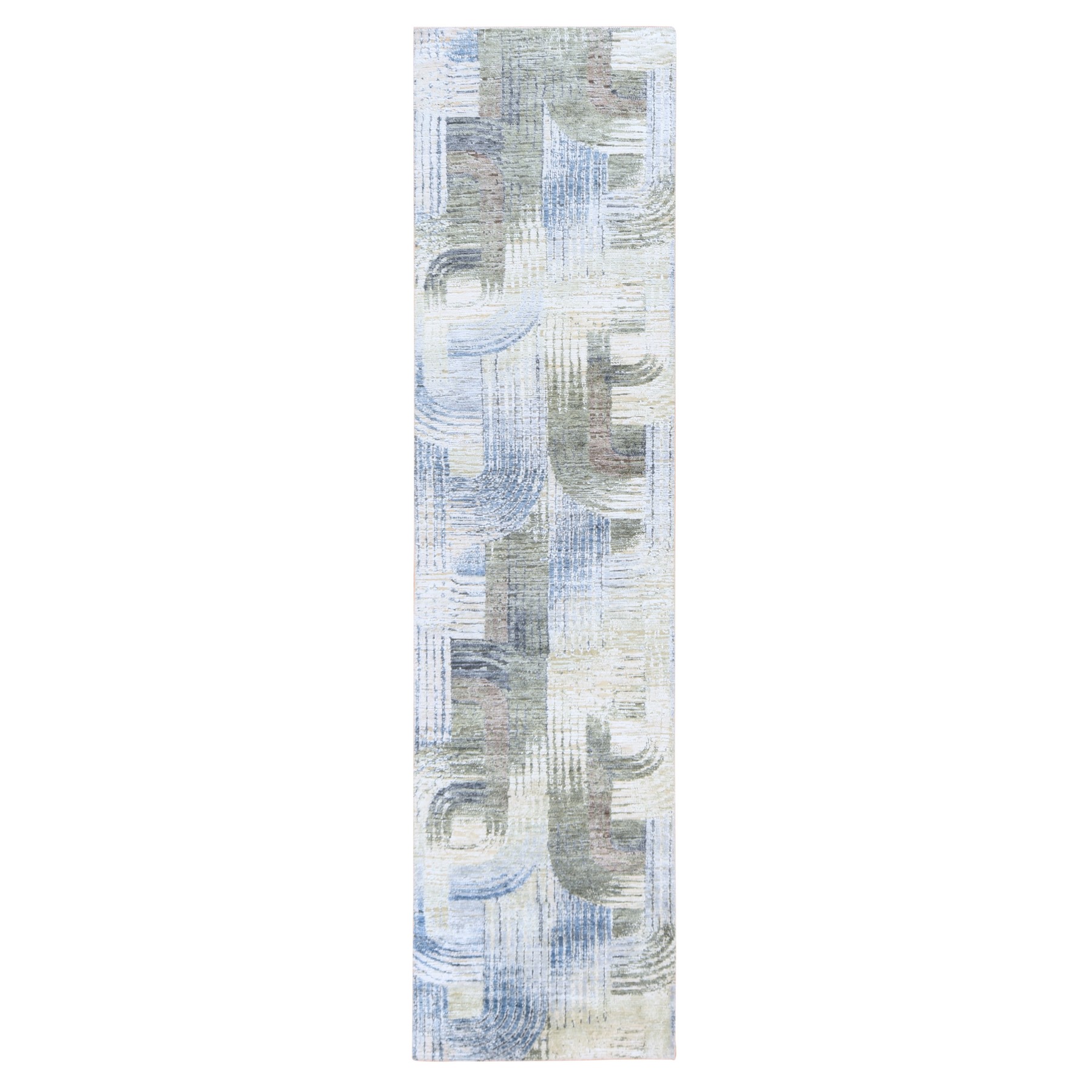 2'7"x10'4" Whisper White, THE INTERTWINED PASSAGE, Silk with Textured Wool, Hand Knotted, Runner, Oriental Rug 